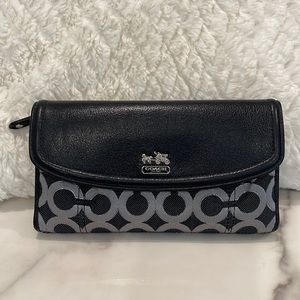 Coach wallet, leather/ fabric logo, tri-fold style, good condition